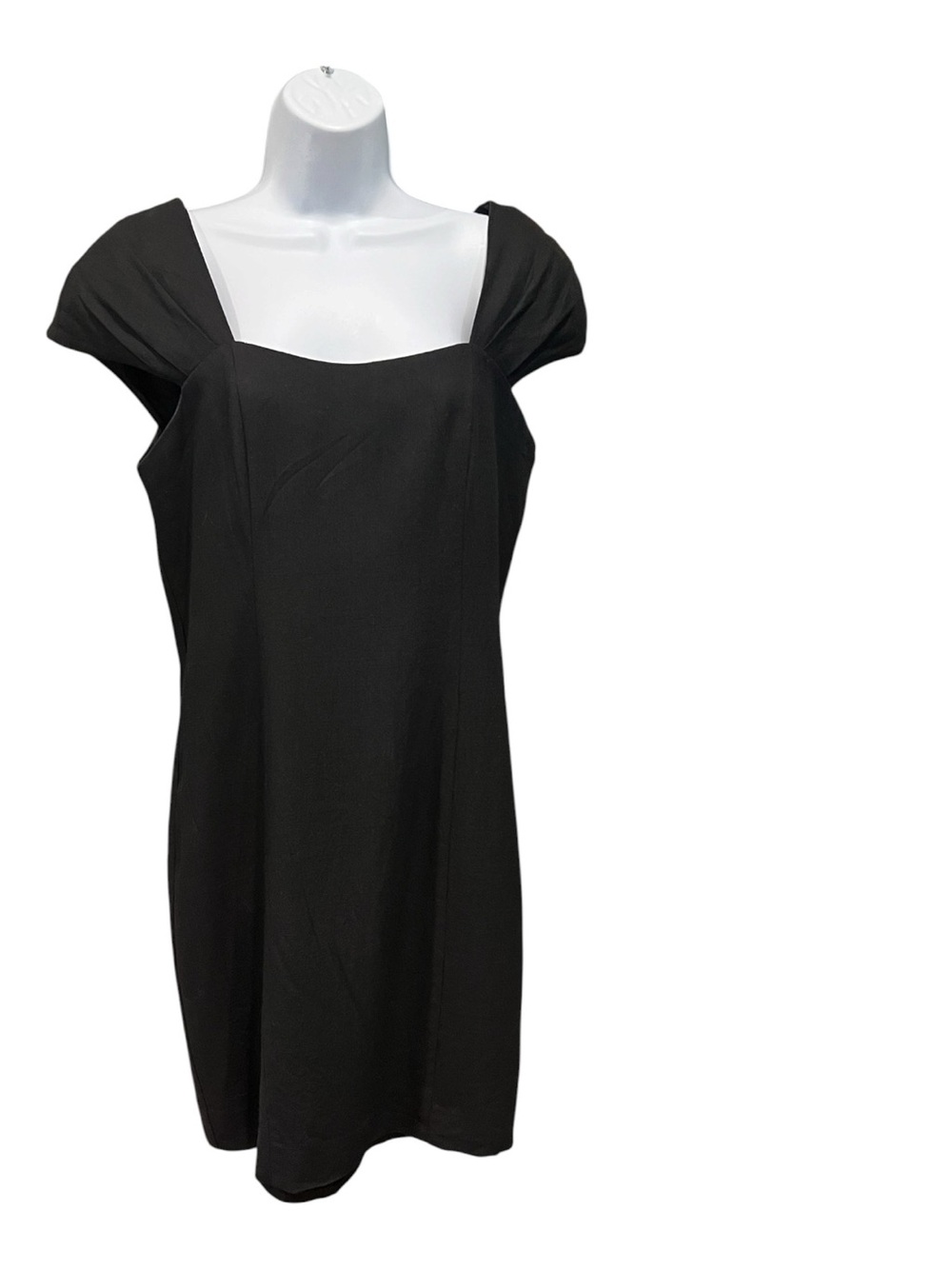 Minimalist Black Midi Dress Square Neckline Pleated Cap Sleeves SZ 10 Whimsigoth